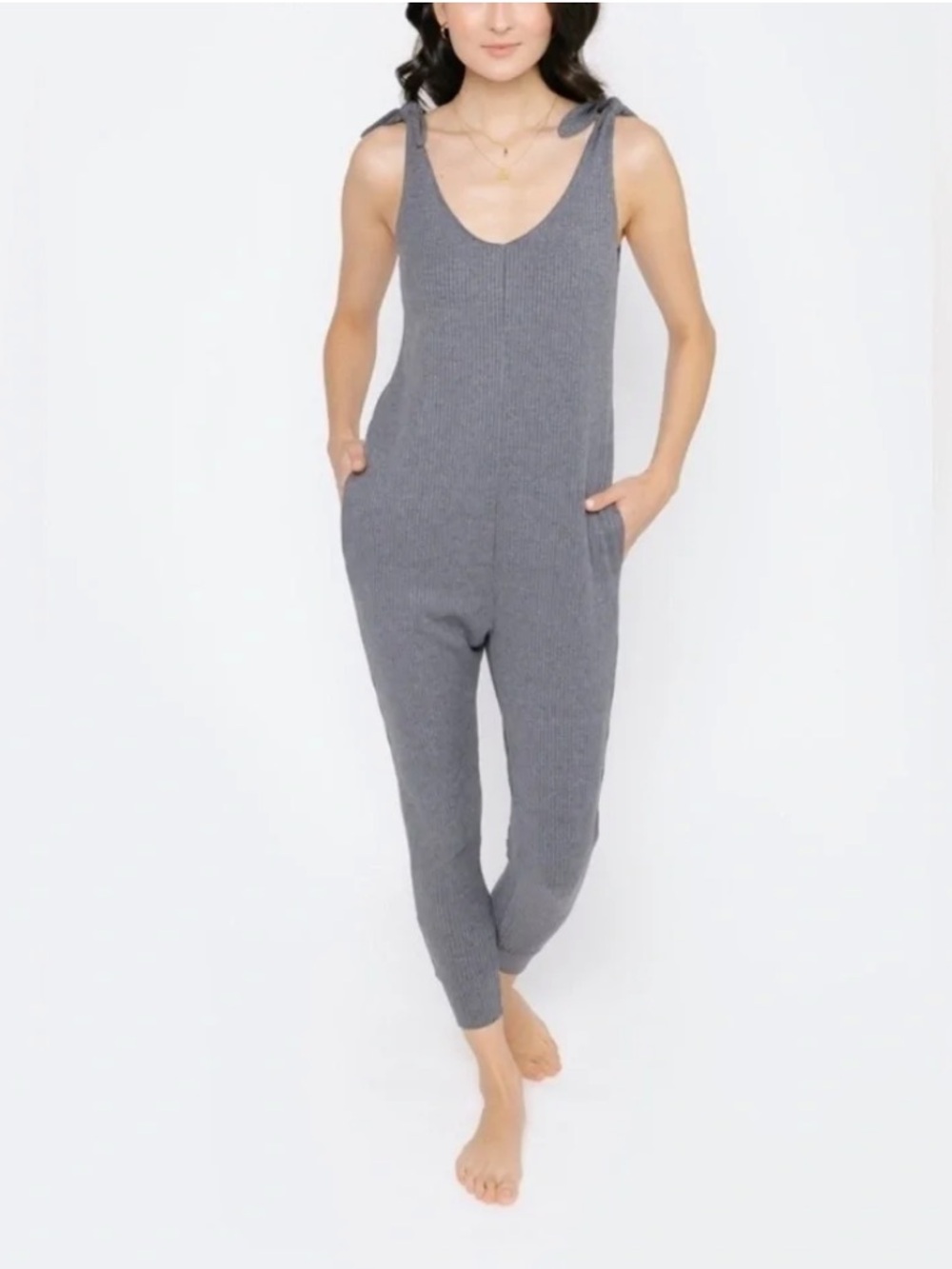 Tie-Shoulder Ribbed Jumpsuit in Gray